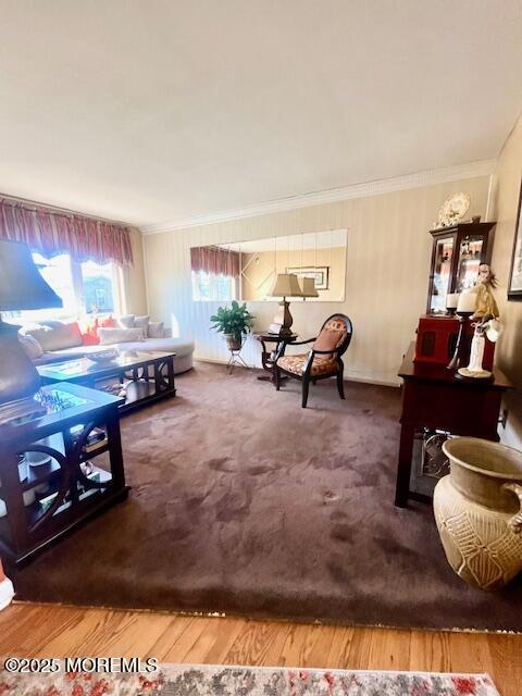 living area featuring ornamental molding and wood finished floors