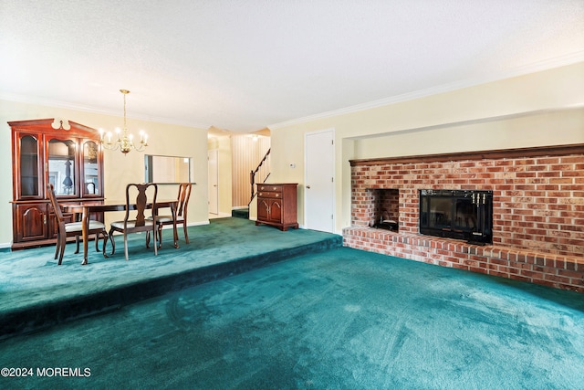 living area featuring a brick fireplace, crown molding, a textured ceiling, and carpet flooring