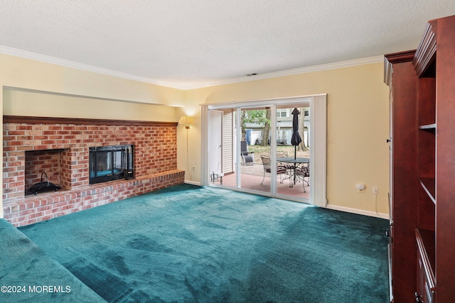 unfurnished living room with a textured ceiling, a fireplace, carpet flooring, baseboards, and ornamental molding