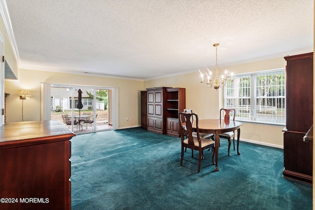 dining space featuring crown molding, a notable chandelier, and dark carpet