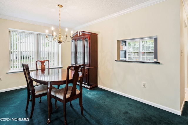 dining room featuring baseboards, ornamental molding, dark carpet, and a notable chandelier