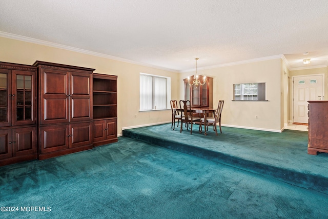 unfurnished dining area featuring a textured ceiling, a chandelier, baseboards, dark colored carpet, and crown molding