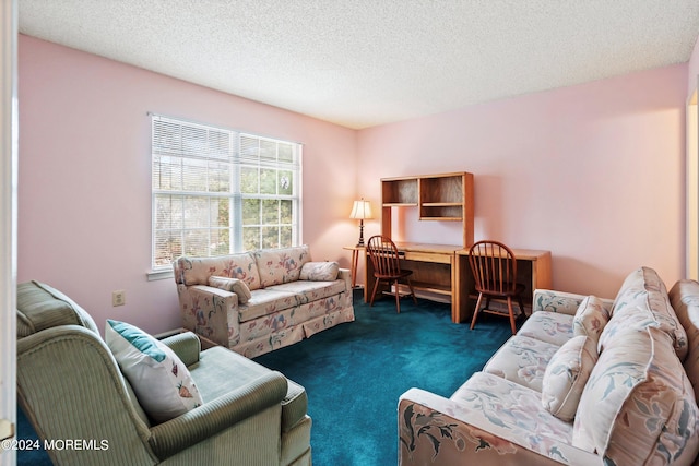 living room featuring carpet floors and a textured ceiling