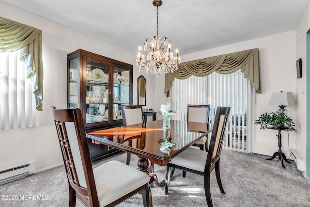 dining area featuring a notable chandelier, a baseboard radiator, arched walkways, and carpet flooring