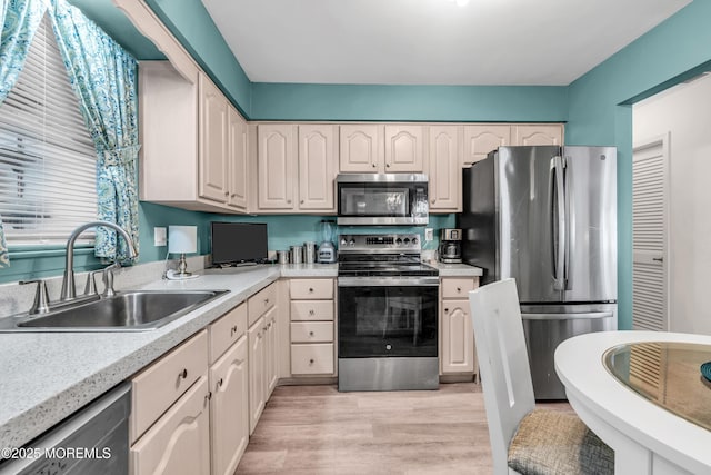 kitchen with light wood-type flooring, appliances with stainless steel finishes, light countertops, and a sink