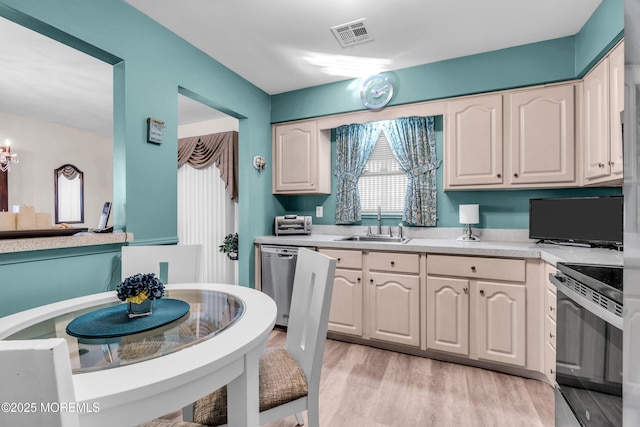 kitchen with light countertops, appliances with stainless steel finishes, a sink, and visible vents