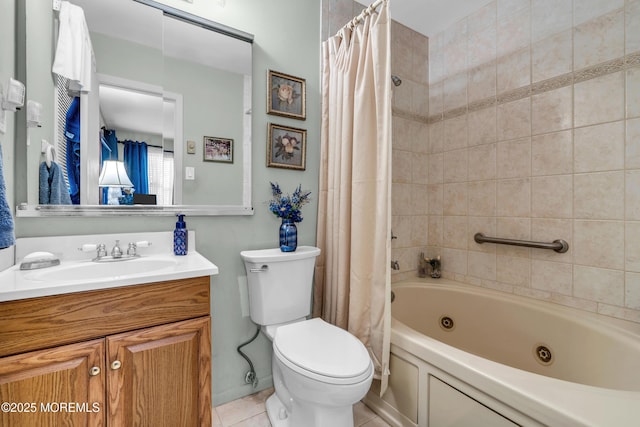 full bath featuring toilet, vanity, a combined bath / shower with jetted tub, and tile patterned floors