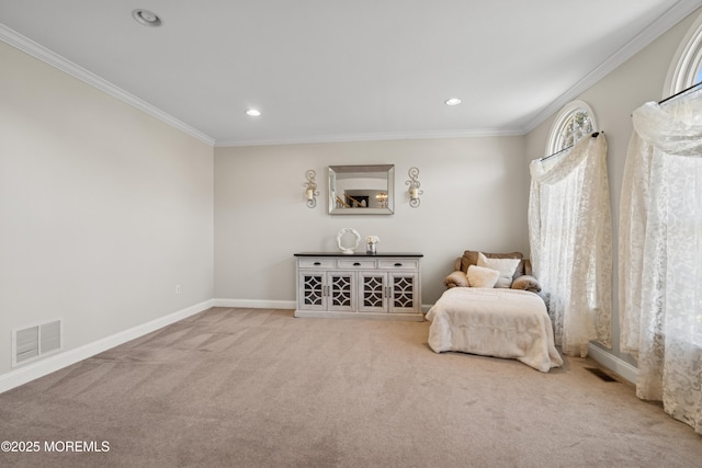 bedroom with carpet floors, baseboards, visible vents, and ornamental molding