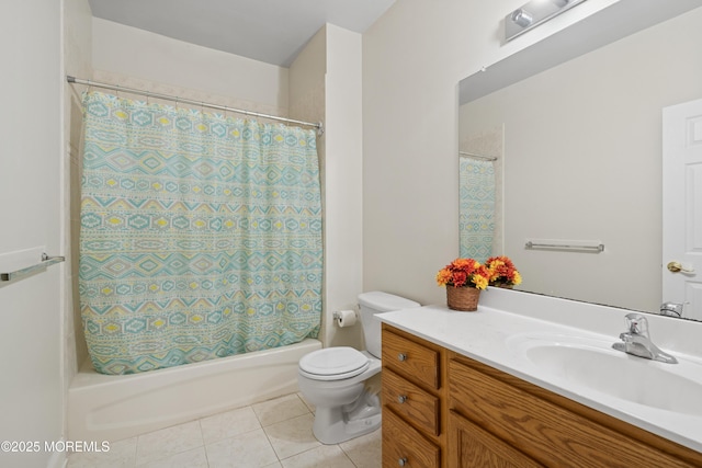 full bath featuring vanity, shower / bath combo with shower curtain, toilet, and tile patterned floors