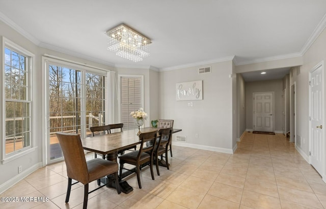 dining room featuring visible vents, ornamental molding, light tile patterned flooring, a chandelier, and baseboards