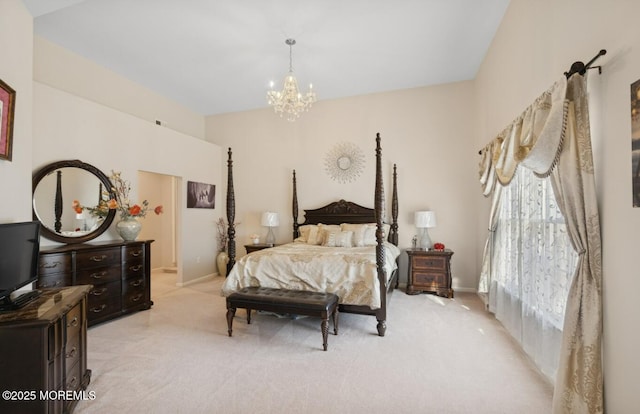 bedroom with baseboards, light colored carpet, and a notable chandelier