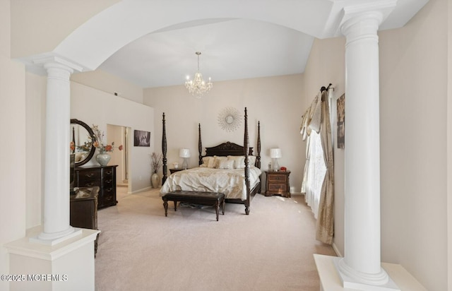 bedroom featuring a chandelier, arched walkways, light carpet, and ornate columns