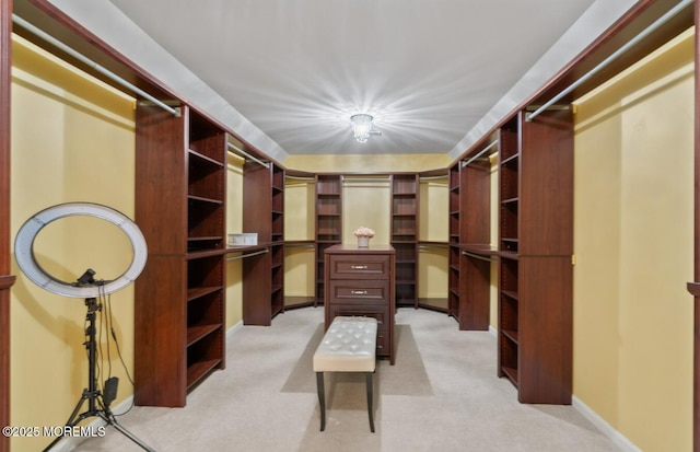 spacious closet featuring light colored carpet