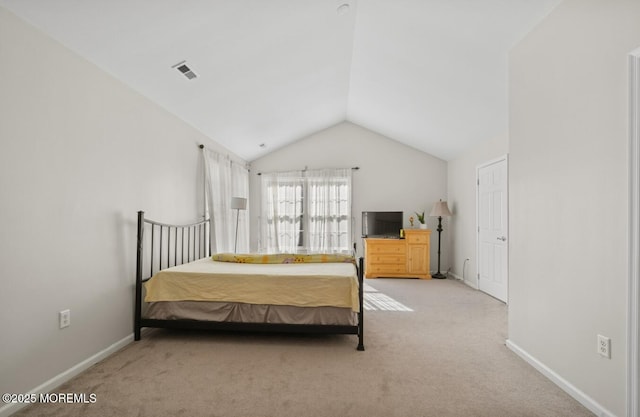 bedroom with lofted ceiling, carpet, visible vents, and baseboards