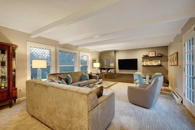 living room featuring a baseboard radiator, beam ceiling, baseboards, and wood finished floors