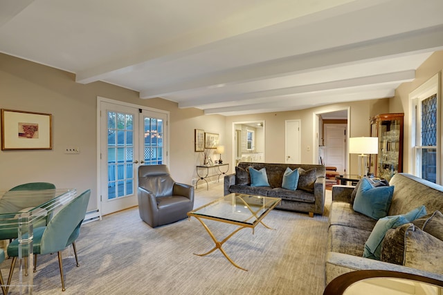 living area featuring a baseboard heating unit, french doors, carpet flooring, and beamed ceiling