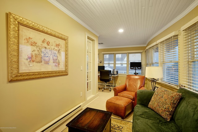 interior space featuring a baseboard heating unit, wooden ceiling, visible vents, and crown molding