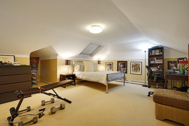 carpeted bedroom featuring a baseboard radiator and vaulted ceiling