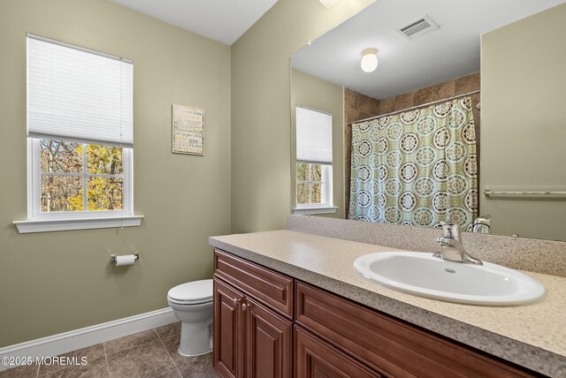 full bath featuring a healthy amount of sunlight, tile patterned flooring, visible vents, and toilet