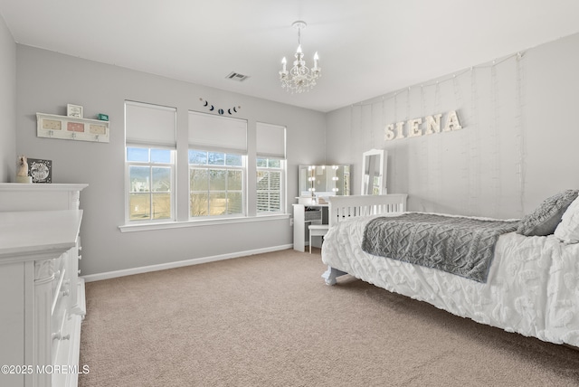 bedroom with light colored carpet, visible vents, a notable chandelier, and baseboards