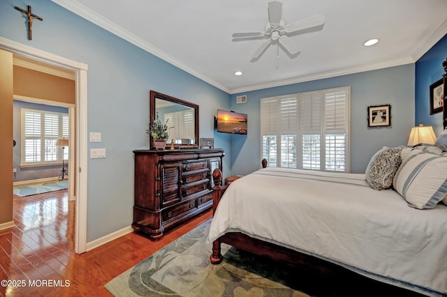 bedroom with ornamental molding, recessed lighting, baseboards, and wood finished floors