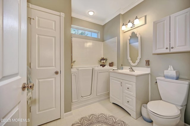 full bathroom with toilet, crown molding, a bath, and vanity