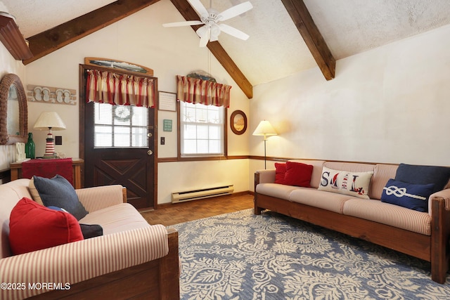 living area featuring a ceiling fan, baseboard heating, vaulted ceiling with beams, and a textured ceiling