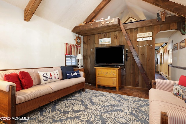 living room with wooden walls and vaulted ceiling with beams