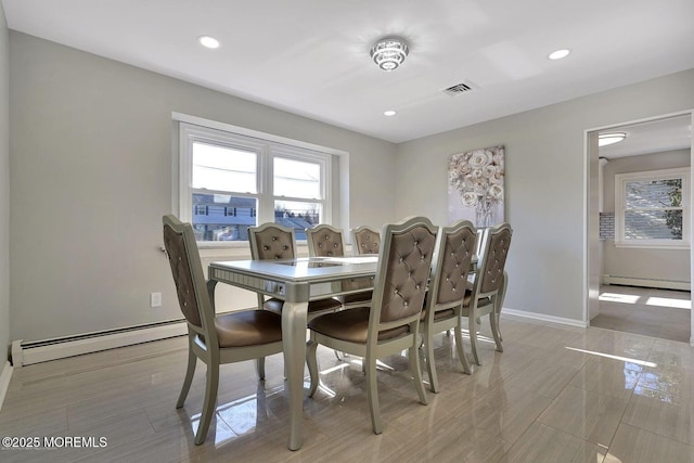 dining area with visible vents, a baseboard heating unit, baseboards, and recessed lighting