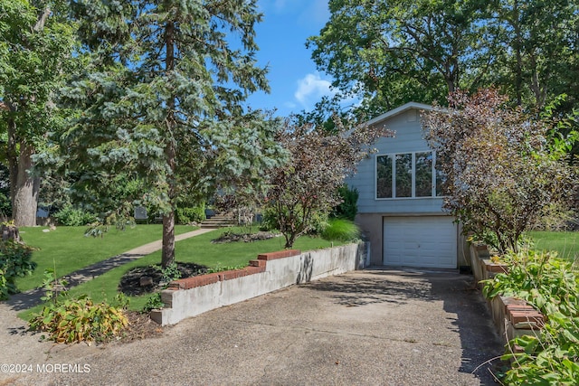 view of front of home featuring driveway, a garage, and a front lawn