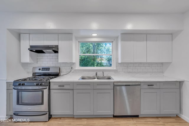 kitchen featuring stainless steel appliances, gray cabinets, a sink, and under cabinet range hood