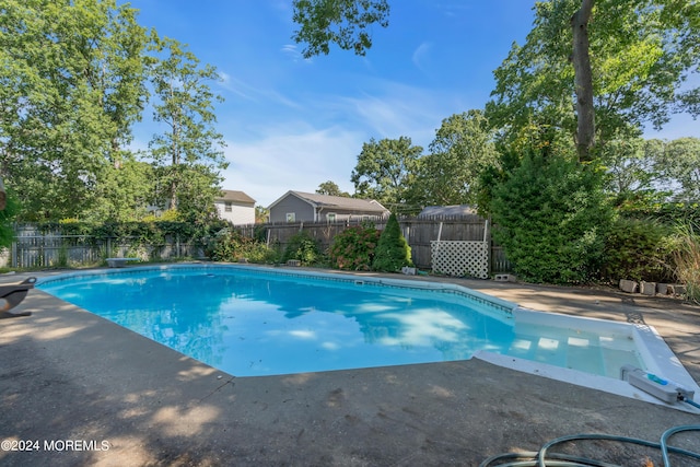 view of swimming pool with a fenced in pool, a patio area, a fenced backyard, and a diving board