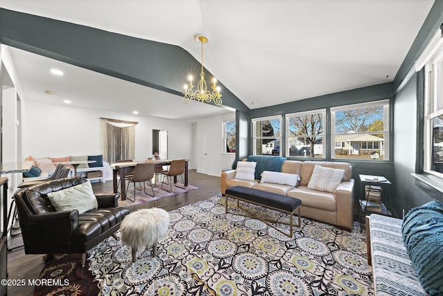 living room featuring recessed lighting, vaulted ceiling, wood finished floors, a chandelier, and baseboards