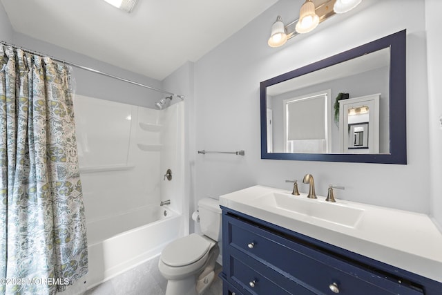 bathroom with toilet, shower / bathtub combination with curtain, and vanity