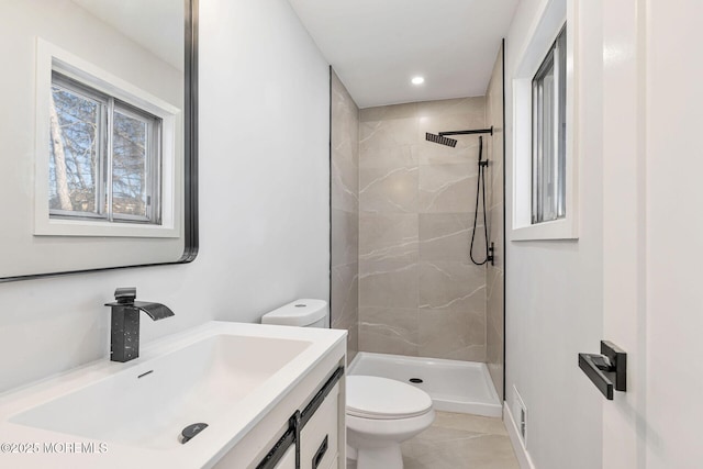 full bath with vanity, a shower stall, toilet, and recessed lighting