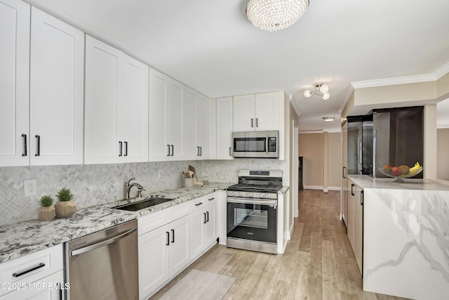 kitchen featuring stainless steel appliances, a sink, white cabinetry, backsplash, and crown molding