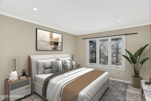 bedroom with crown molding, light wood-style floors, recessed lighting, and baseboards