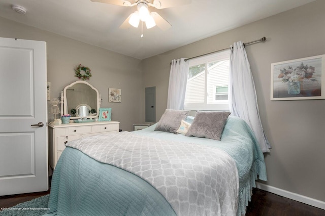 bedroom with a ceiling fan, dark wood finished floors, electric panel, and baseboards