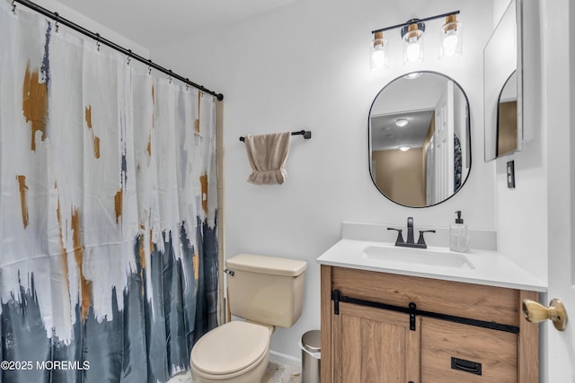 full bathroom with toilet, curtained shower, and vanity