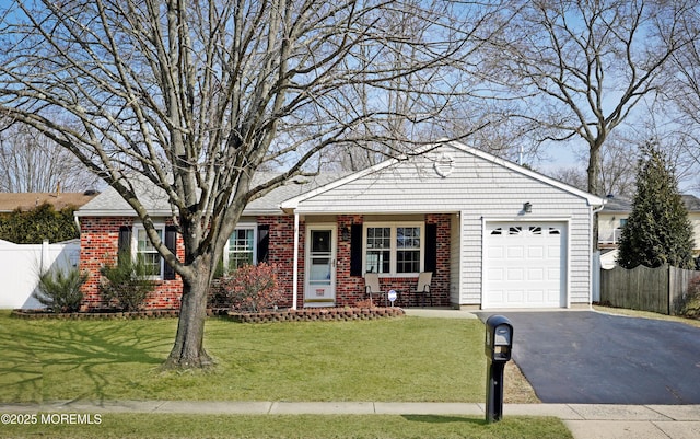 ranch-style home with a garage, driveway, fence, and brick siding