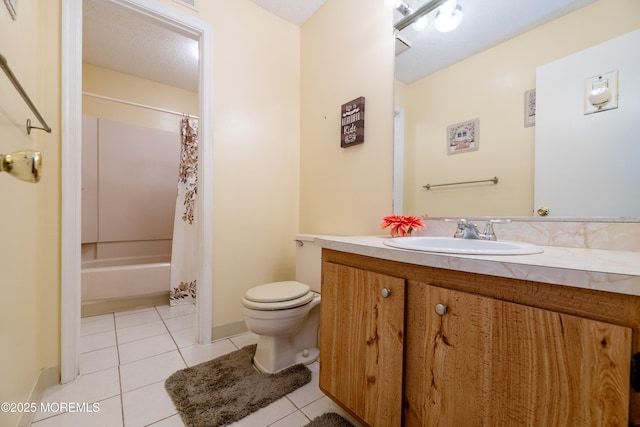 full bathroom featuring toilet, vanity, tile patterned flooring, a textured ceiling, and shower / bath combination with curtain