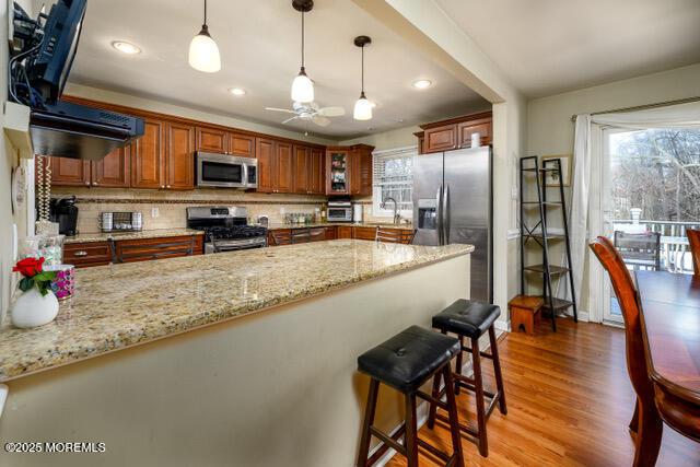 kitchen featuring a peninsula, appliances with stainless steel finishes, plenty of natural light, and light wood-style flooring