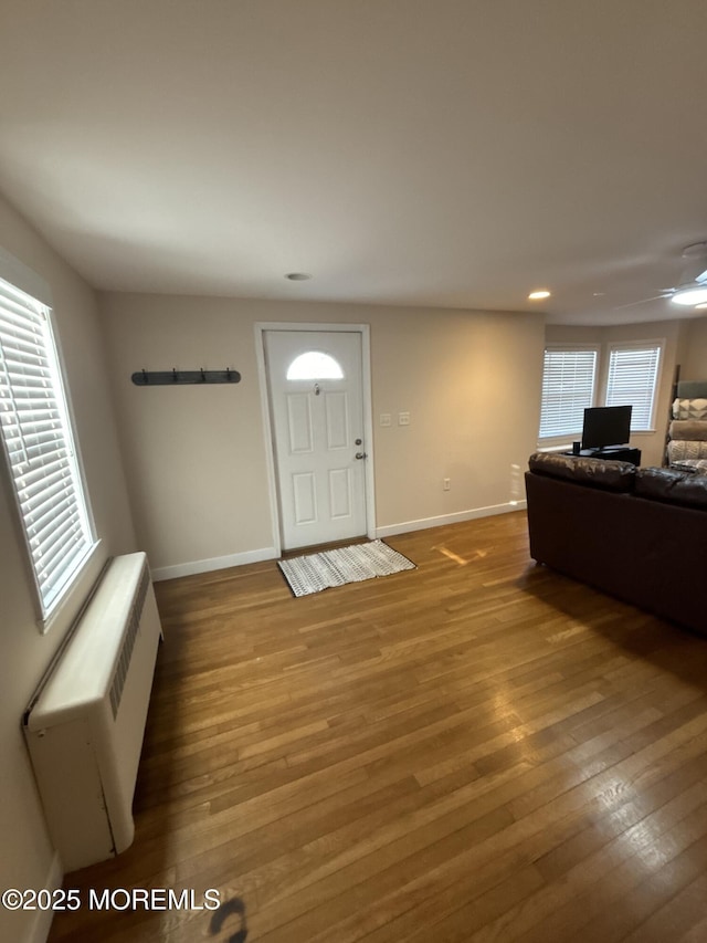 entrance foyer with baseboards and wood finished floors