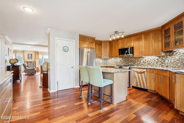 kitchen with stainless steel appliances, dark wood-style flooring, a sink, and decorative backsplash