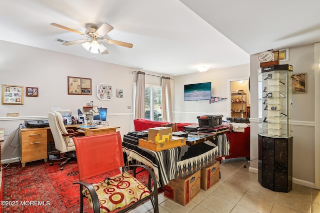 dining room with visible vents, ceiling fan, and tile patterned floors