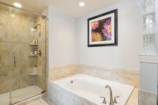 full bathroom featuring a jetted tub, a stall shower, and recessed lighting