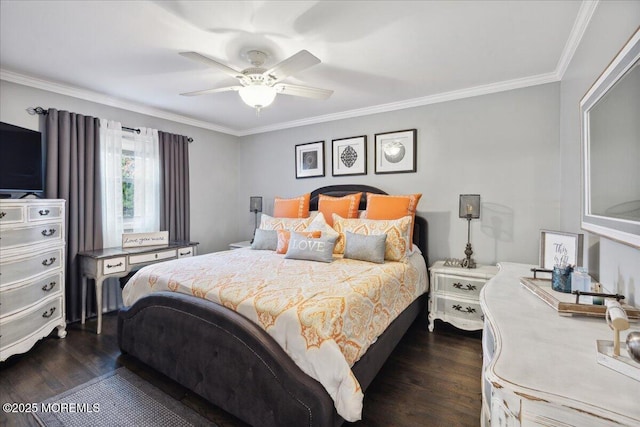 bedroom with a ceiling fan, ornamental molding, and dark wood-type flooring