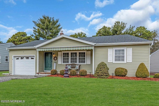 ranch-style house with a garage, driveway, a shingled roof, a porch, and a front yard