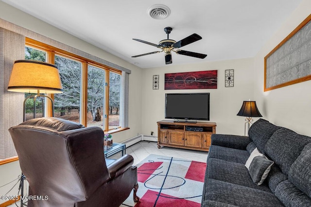 living room featuring visible vents, a ceiling fan, and light tile patterned flooring