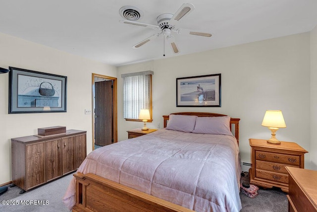 bedroom with a ceiling fan, a baseboard radiator, light colored carpet, and visible vents